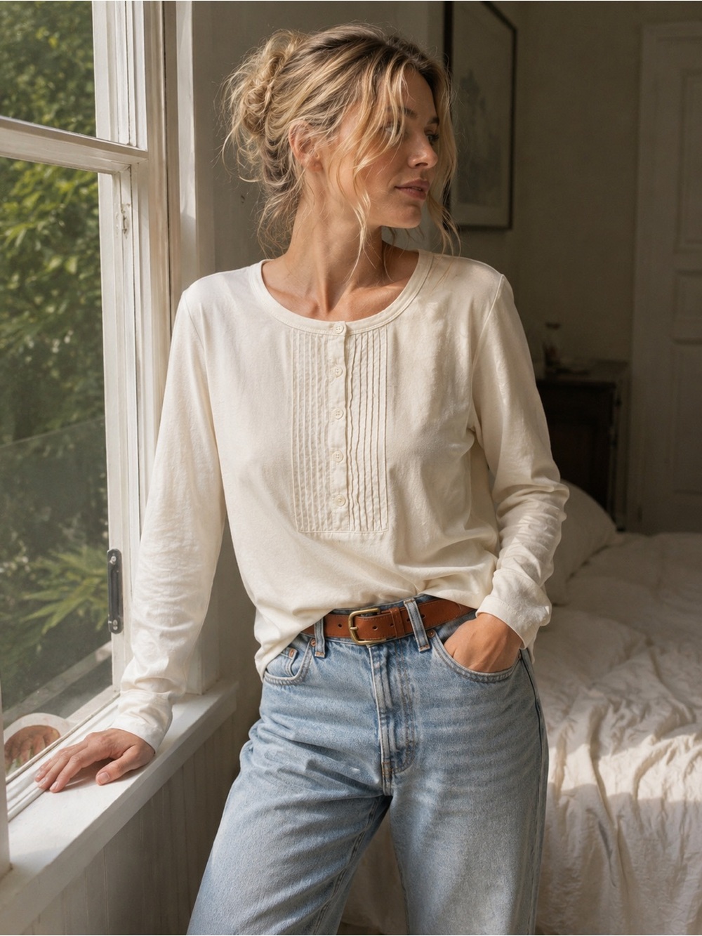 Liz Claiborne Cream Pintuck Henley Long Sleeve Top | M - Picture 8 of 8